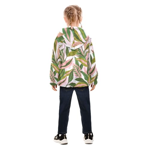 OTVEE Trendy Pink and Green Tropical Leaves Kids Hoodie Jacket Fall Spring Full Zip Warm Outwear Coat4