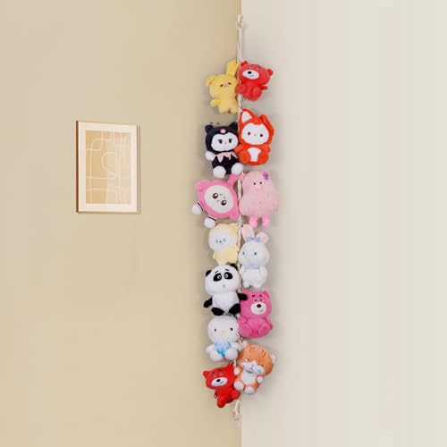 Image of Poefditev Stuffed Animal Storage Chain Boho Room Decor, Hanging Stuffed Animal Holder with 20 Metal Clips, Macrame Plush Toy Corner Organizer for Kids Baby Nursery Bedroom Playroom Wall Decor
