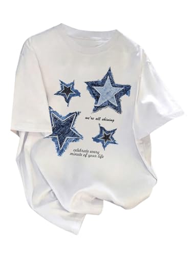 Image of RoseSeek Girl's Graphic Drop Shoulder Star Print Tee Tops Short Sleeve Crew Neck Summer Shirts