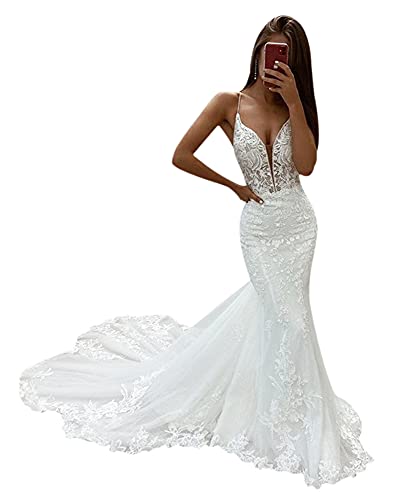 Yangprom Women's Spaghetti Straps Lace Appliques Mermaid Wedding Dresses for Bride 2021 A Line Backless Bridal Gowns