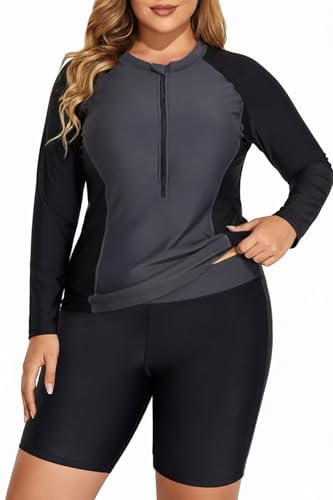 Image of Daci Women 2 Piece Plus Size Long Sleeve Rash Guard Zip Front Athletic Bottom Tankini Swimsuits UPF 50 | Two piece,Tummy Control,High Waist,UPF 50+,Half Zipper Swim Shirt,Athletic,Sporty,Built-in Bra,Built-in Briefs