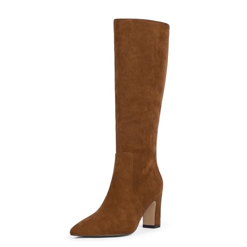 VIUGJNEX Brown Suede Boots for Women Knee High 3 Inch Chunky Heel Pointed Toe Tall Long Boots Dressy...