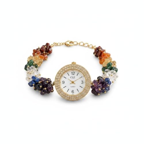 Image of ARKN Crystal Bracelet Watch for Women | Natural Gemstone Beaded Wrist Watch | Gold-Tone Dial with Rhinestone Bezel | Adjustable Fashion Jewellery Gift for Women & Girls