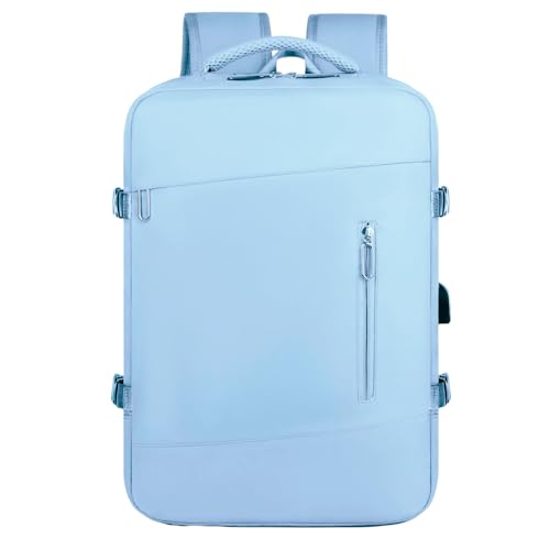 Mochila de Viagem de Avião Impermeável Expansivel Grande Feminina Note book 40L Bagagem de Mão Low Cost Aeroporto à Prova D'água Reforçada (AZUL BEBE)