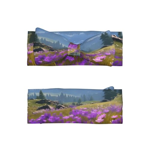 Nature Purple Flowers Meadow Mountain Scenic Pattern Baby Bow Headband Super Stretchy Soft Bows Hair Accessories for Newborn Infants Toddlers Kids Girls2