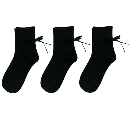Image of Women's Bow Crew Socks - Cotton Sweet Lolita Dress Breathable Soft Girls' Socks - 3 Pairs