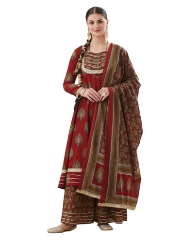 Image of MOKOSH Women's Cotton Print Anarkali Kurta Sharara with Dupatta | Anarkali Kurta Set | Queen Anne Neck Full Sleeve Ethnic Suit | Floral Kurta 3 Colour Option Available | 3 Piece Outfit