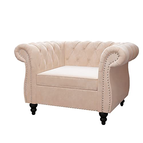 Image of ORRD Chesterfield Chair, Modern Velvet Tufted Accent Sofa Couch Chair with Scroll Arms and Nailhead for Living Room, Bedroom, Office, Apartment (Beige)