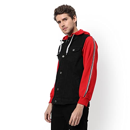 Image of Campus Sutra Men's Dark-Washed Black & Red Regular Fit Denim Jacket | Hooded Collar | Full Sleeve | Buttoned | Casual Western Stylish Winter Wear for Men