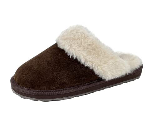 Image of Clarks Womens Open Back Suede Leather Comfort Clog Slipper JMS0583C - Plush Faux Fur Trim - Indoor Outdoor House Slippers For Women