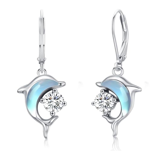 Dolphin Earrings for Women Sterling Silver Moonstone Dolphin Drop Earrings Animal Ocean Jewelry Gift for Women