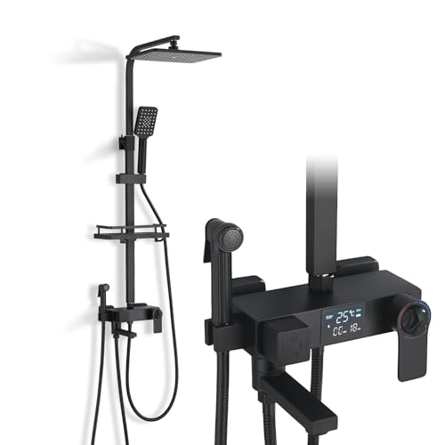 Hevenaov Columna Ducha Negra con Grifo Termostático Columna de Ducha Grifo Sistema Altura Regulable Termostatico con Ducha de Mano 3 Modos acero inoxidable