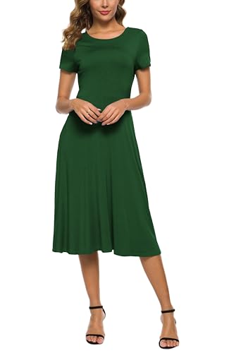 Image of EXCHIC Women's Casual Round Neck Short Sleeve Midi Dress Solid Stretchy Waist Knee Long Dress