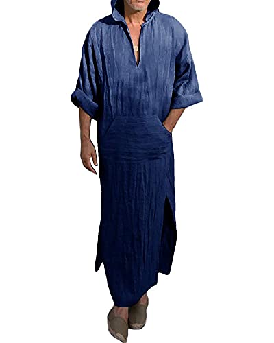 YAOHUOLE Robe à manches courtes en coton avec poches et col en V., Bleu marine (02), XXXL Cover