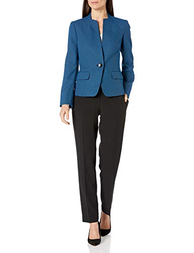 Le Suit Women's 1 Button Birdseye Jacquard Slim Pant Suit, Imperial Blue/Black, 6
