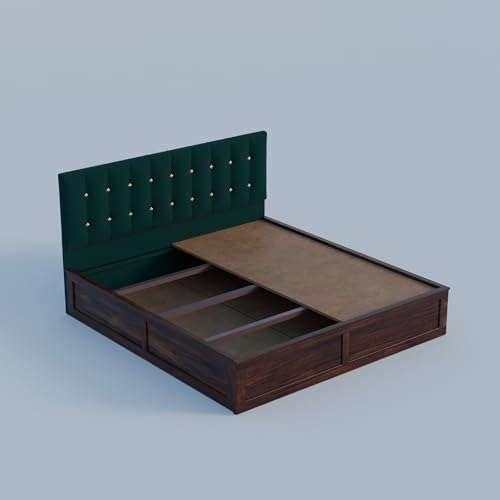 Image of Sheesham Wood Queen Size Bed With Storage Box | Upholstered Beds | Platform Cot With Cushioned Headboard | Double Bed For Home | Recommended Mattress 78x60 Inch | Bottle Green & Walnut Finish