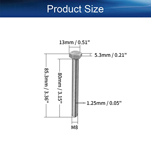 Image of Bettomshin 10Pcs M8 x 80mm Hex Bolts, 304 Stainless Steel 1.25mm Thread Pitch Fully Threaded Metric Hex Head Screw Bolts, Hexagon Screw Bolt, Hex Tap Bolts, Silver, A2-70 (Overall Size 85.3x13x13mm)