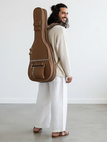Image of The House of tara Cotton Canvas Fabric Acoustic Guitar Bag Cover for Men and Women | Modern Guitar Case | 100% Cotton Inner Lining | Adjustable Straps | Padded Protection | Zip Pocket | Khaki Brown
