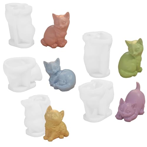 Generic Glimmery 5Pcs Silicone Cat Mold, 3D Cat Candle Mold, Animal Resin Soap Molds, Cat Resin Casting Mold, for Chocolate Fondant Wax Candle Making DIY Art Crafts Home Decor, White, MER-80