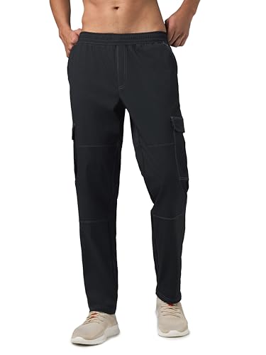 Image of TECHNOSPORT Men's Solid Straight Fit Cargo Pants TS Flexi 6 Pocket Polyester Quick Dry Elasticated Drawstring for Gym Travel Running Workout