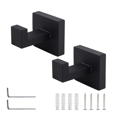 TIANLIN 2 Stück Handtuchhaken zum Bohren, Schwarz Matt Wandhaken aus 304 Edelstahl, Versteckte Montage mit Quadratischem Sockel und Installationswerkzeug, für Badezimmer, Küche, Büro