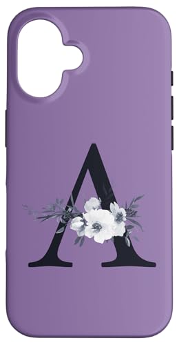 Letra A del monograma púrpura con inicial floral de flores Carcasa para iPhone 16