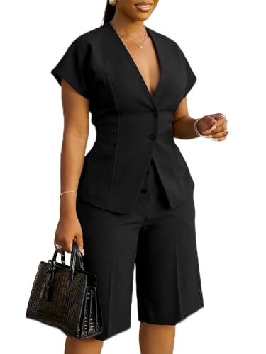 Womens Summer 2 Pieces Suits Set Short Sleeve Blazer Wide Leg Knee-Length Pants Sets Business Casual Outfit Black M