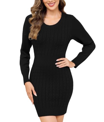 Image of Vlazom Women Jumper Dress Crew Neck Knitted Warm Sweater Dress Black,M