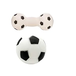Vinyl Squeaky Rubber Dog & Puppy Toy Combo of 2 – Black & White Football Small + Black & White Dumbbell