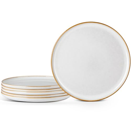 Image of E-far 10.5 inch Ceramic Dinner Plates Set of 6, Large Reactive Glaze Stoneware Dishes, Round Salad Plate for Home Kitchen Restaurant, Microwave & Dishwasher Safe - Seashell White