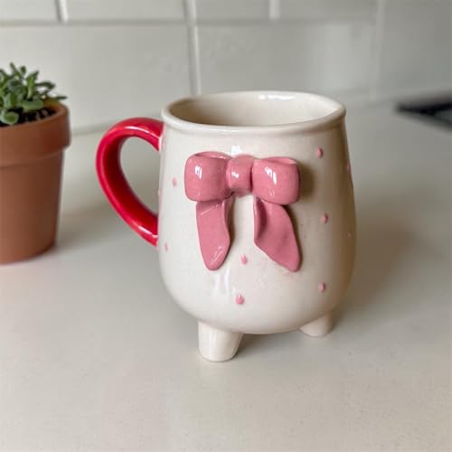 Image of Pink Bow Ceramic Mug with Legs | Cute Aesthetic Coffee Cup for Girls | Unique Designer Tea Mug | Microwave & Dishwasher Safe | Gift for Birthday, Friends & Special Occasions