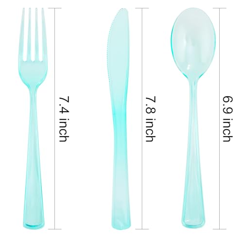 WDF 180 Pieces Green Plastic Silverware Disposable - Clear Green Cutlery Sets 60 Forks, 60 Knives and 60 Spoons - Heavy Duty Plastic Utensils for Party, Summer