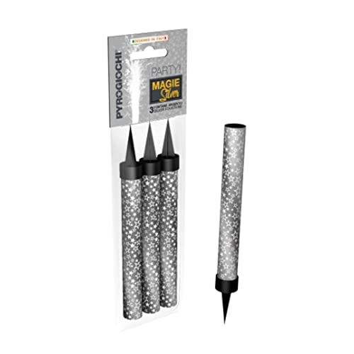 3x Candela Luminosa STANDARD carta Nero e Argento e con stelle bianche - Durata 45 secondi - Fontana Fiaccola - Magic Flambè - ideale per compleanni, feste, party ecc.