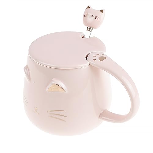 lachineuse - Kawaii Katzen-Tasse 450ml - Keramikbecher Katze mit Deckel & Löffel - Farben Rosa & Gold - Teetass, Kaffeetasse - Originaler Japanischer...