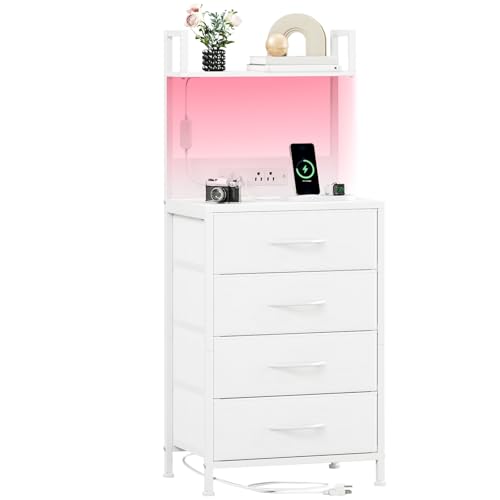 Somdot White Nightstand with Charging Station and LED Lights, Bedside Table Tall Night Stand with 4 Fabric Drawers and Top Shelf for Bedroom Guest Room Dorm Hallway