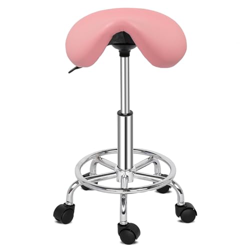 Bonnlo Tabouret de Selle, Tabouret à roulettes Réglable en Hauteur, Tabouret de Travail Pivotant à 360°, Tabouret Pivotant pour Bureau/Salon/Bar, Similicuir (Rose)