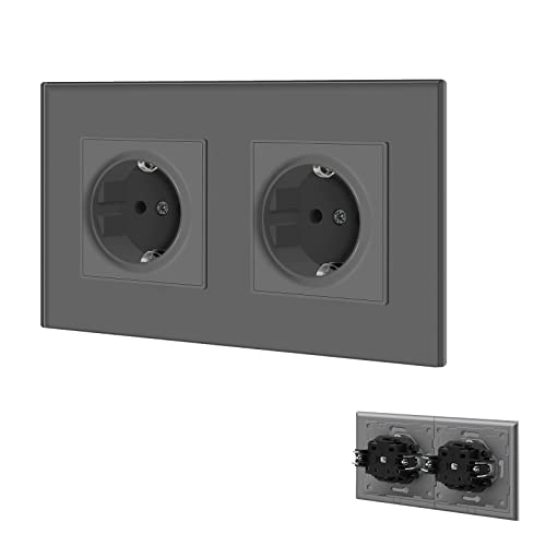 BSEED Enchufe de pared con Panel de cristal Gris Doble Schuko con clips 16A 250V Tomas de corriente