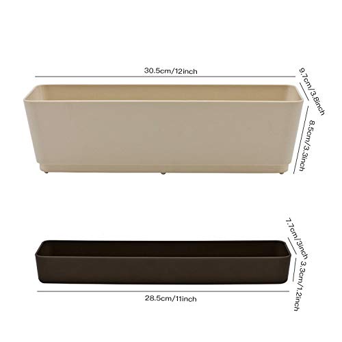 Lainrrew 3 Pack Window Box Planters, 12 Inches Rectangular Planter Plastic Flower Box Plant Pots Plant Containers With Tray For Balcony, Windowsill, Garden, Home Office Outdoor Decoration (Coffee) #TOP6