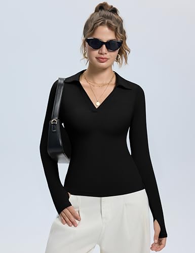 LOMON Womens Pullover Sweaters Y2K Going Out Tops Deep V Neck Polo Shirt Thumb Holes Ribbed Long Sleeve Tops for Women2