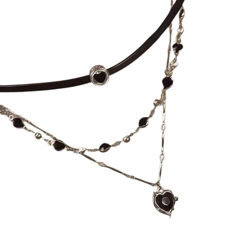 Collar de cordón negro con dije de corazón metálico para superponer capas 5
