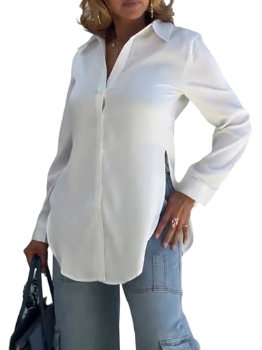 CHICME Women’s Cotton Button Down Shirt Collared V Neck Long Sleeve Slit Side Long Blouse Top with Curved Hem-w-L A-White