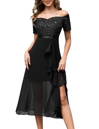BeryLove Homecoming Sequin Formal Party Dress Off Shoulder Wedding Cocktail Midi Evening Dress