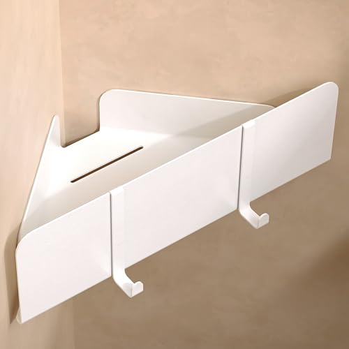 Dolvhin Duschablage ohne Bohren Ecke | Edelstahl Eckregal Dusche | Duschregal Ecke mit Ablaufrillen | Eck-Duschkorb zum Kleben | Badregal Selbstklebend | Bad Wandregal & 2 Haken | Weiß Matt