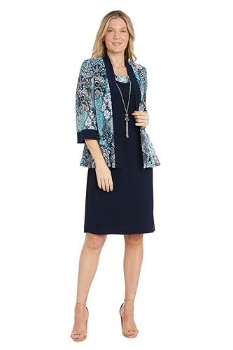 Image of R&M Richards Women's Sheath Dress W /Floral Print Sheer Jacket & Detachable Necklace | Elegant 2-Piece Formal Ensemble