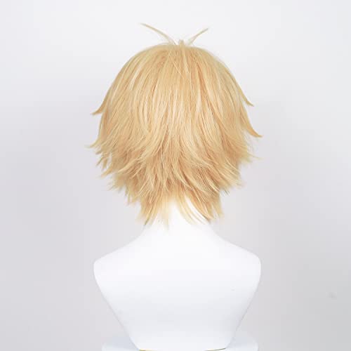 Image of LABEAUTE Short Golden Wig for Men Cosplay Unisex Male Anime Yellow Wig with Bangs for Halloween Party Hair Wig + Cap