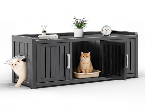 KFY Cat Litter Box Enclosure Resin Hidden Cat Litter Box Furniture Multi Functional Three Door Spacious Odorless Waterproof UV Resistant Durable Indoor Outdoor Use(Black, 46.93''L×17.64''W×17.87''H)
