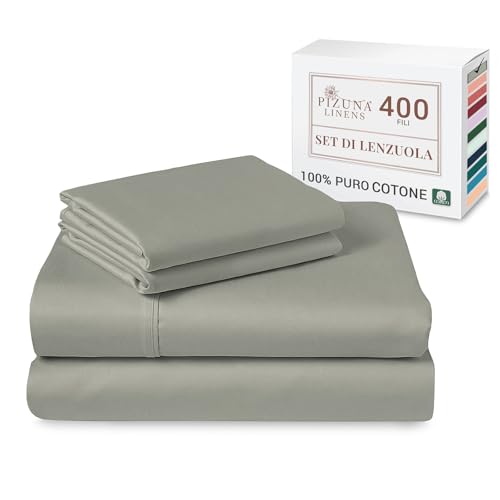 Pizuna Set lenzuola letto matrimoniale Cotone 140x200 cm argento, 400 fili in 100% cotone a fiocco lungo Sateen Biancheria De Letto con 1 lenzuolo con angoli, 1 lenzuolo sopra, 2 federe