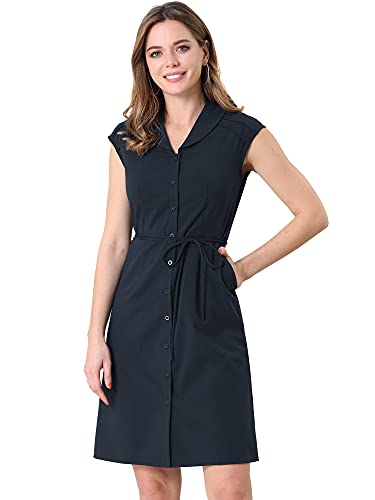 Allegra K Women s Cap Sleeve Shirt Dress Camp Collar Button Down Tie Waist Knee Length Dress X-Small Navy Blue