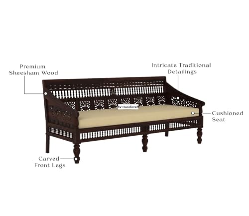 Solid Sheesham Wood Sofa Set for Living Room|Sofas|Wooden Sofa Set (Walnut & Cream, 3-Person Sofa)