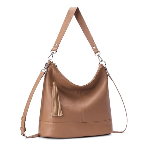 Image of Genuine Leather Hobo Crossbody Bag for Women, Soft Real Leather Bucket, Shoulder Handbag Purse with 2 Removable Strap